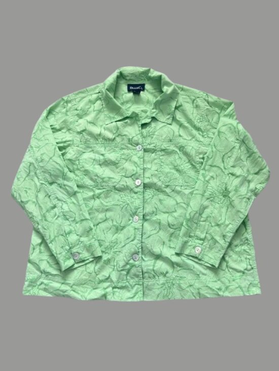 Denim&Co Tops - Denim & Co Light Lime Green Textured Button-Down Blouse Sheer Floral Pattern 1X